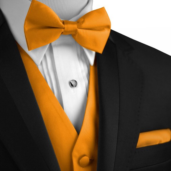 Men's Formal Wedding Prom Homecoming Tuxedo Vest Bow-Tie Hankie - Mustard Satin - Picture 1 of 4